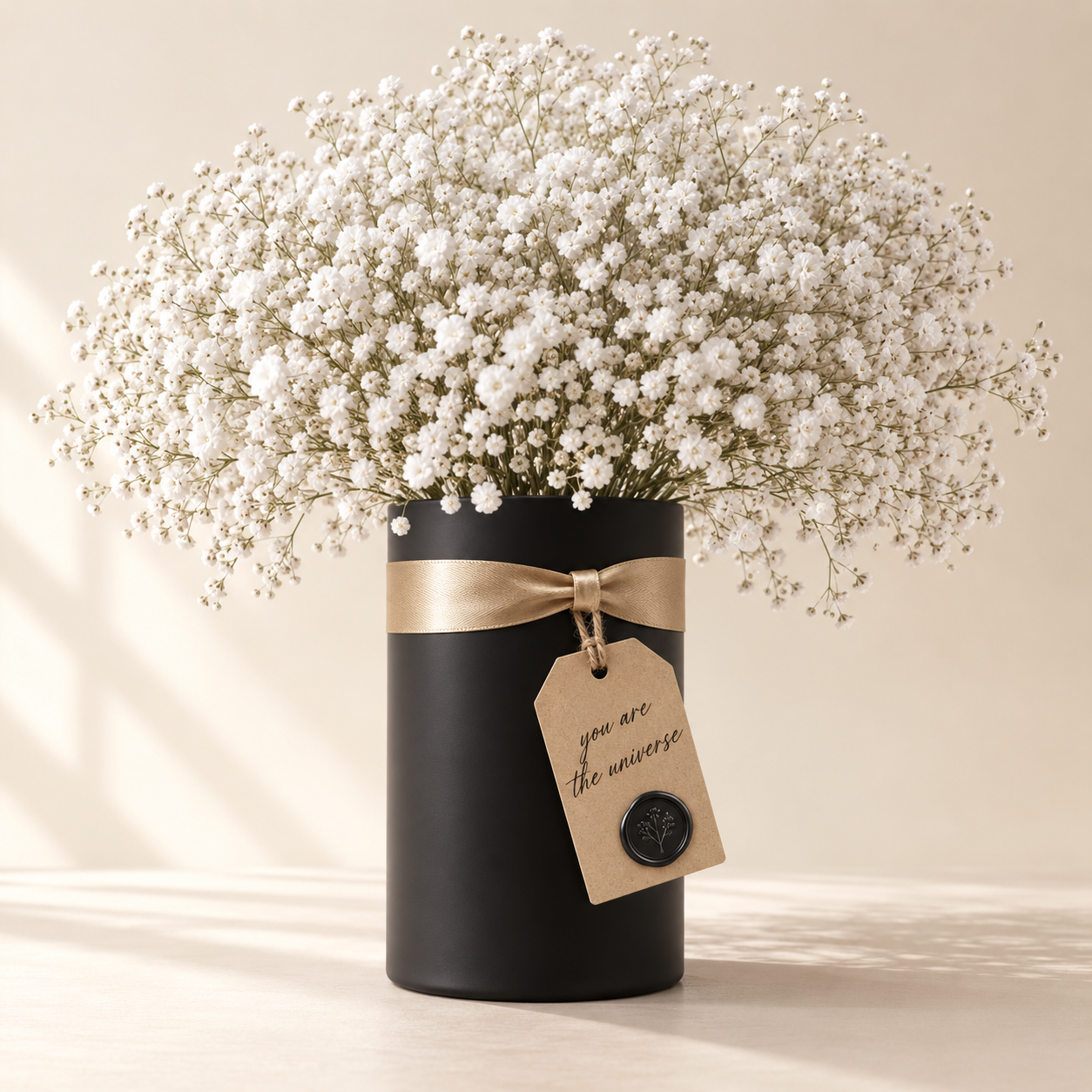 Nuit d'Étoiles — dried baby's breath cloud in a matte black vase with champagne ribbon and kraft tag