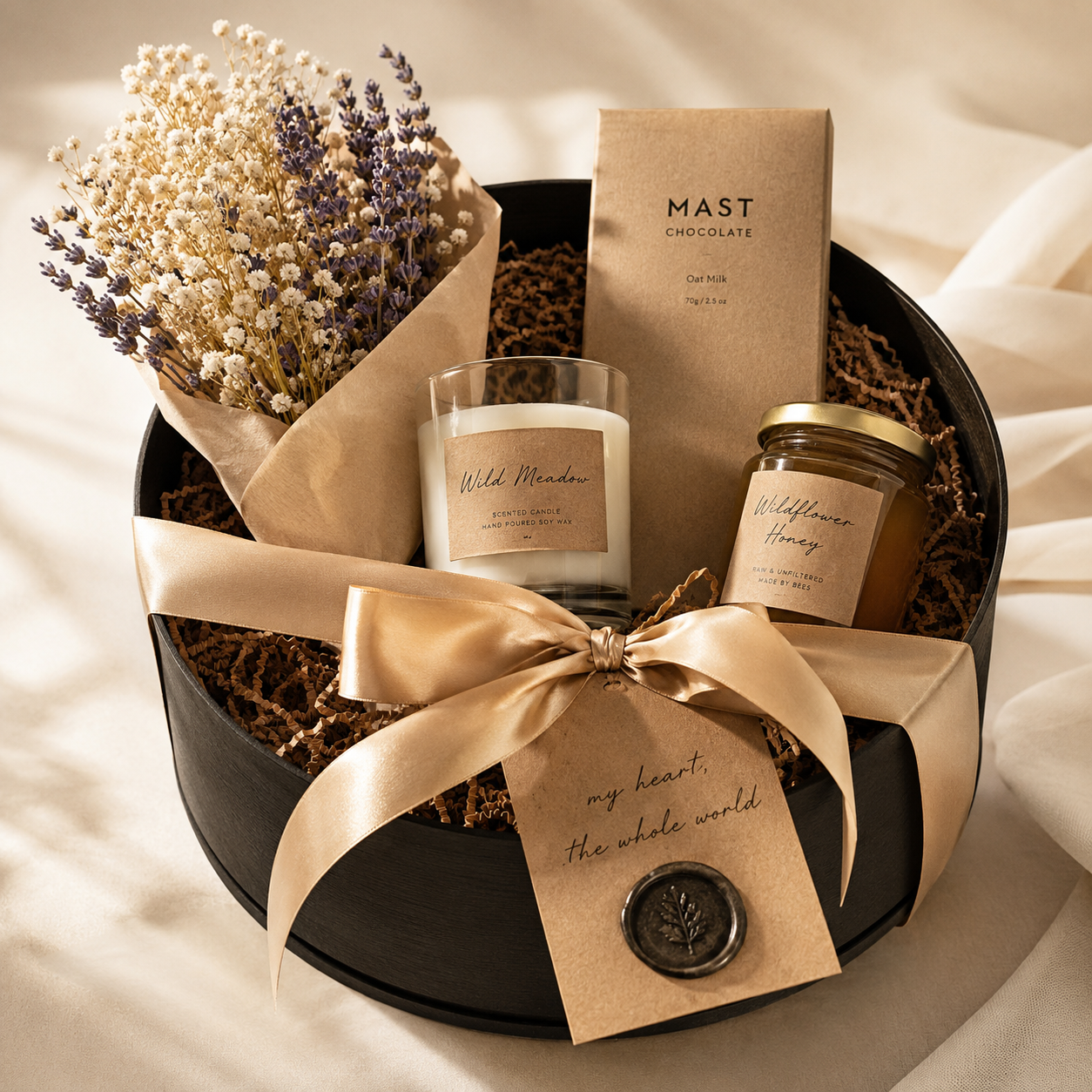 The Whole World — black gift box with candle, honey, chocolate and dried lavender bouquet